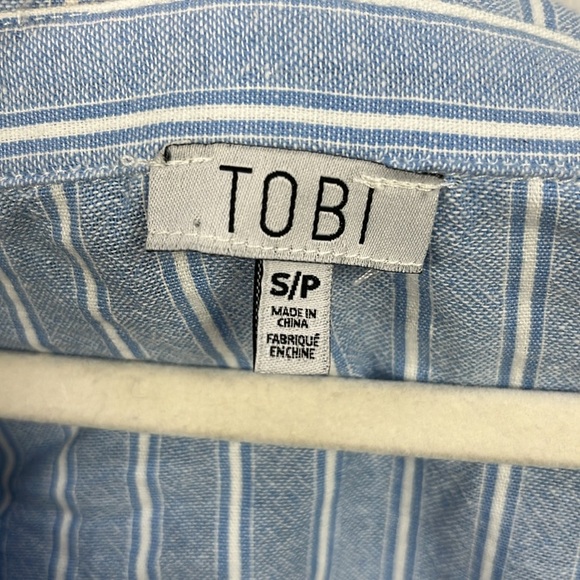 Tobi Women’s Blue White Striped Shirt Off the Shoulder Long Bell Sleeve Size S/P - Picture 3 of 9